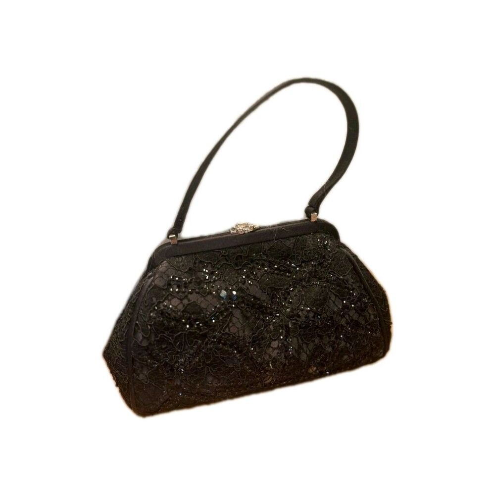 Talbots Black Beaded Top Handle Date Night Satin Purse